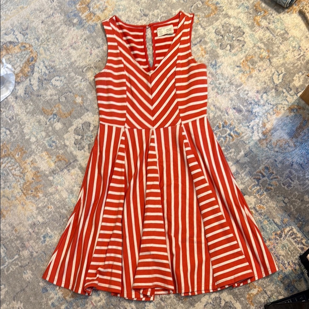 Anthropologie Red and White Pleated V-Neck Sundress